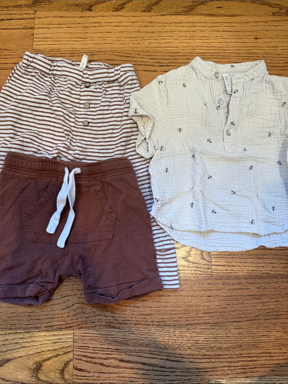 Rylee + Cru Cream Gauze Top with Brown Striped Pants and Mauve Shorts